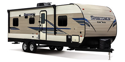 2019 KZ RV Sportsmen LE 250THLE Travel Trailer Toy Hauler Exterior Front 3-4 Door Side