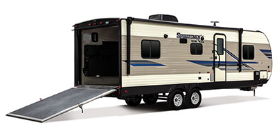 2019 KZ RV Sportsmen LE 250THLE Travel Trailer Toy Hauler Exterior Rear 3-4 Door Side with Ramp Down