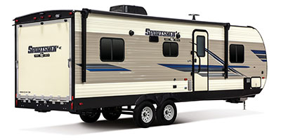 2019 KZ RV Sportsmen LE 250THLE Travel Trailer Toy Hauler Exterior Rear 3-4 Door Side