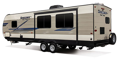 2019 KZ RV Sportsmen LE 291RKLE Travel Trailer Exterior Rear 3-4 Off Door Side