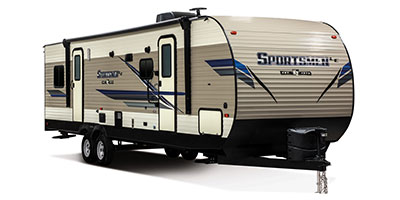 2019 KZ RV Sportsmen LE 291THLE Travel Trailer Toy Hauler Exterior Front 3-4 Door Side