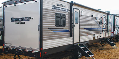 2019 KZ RV Sportsmen LE 291THLE Travel Trailer Toy Hauler Show Exterior Rear 3-4 Door Side