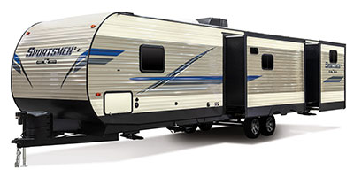 2019 KZ RV Sportsmen LE 343BHKLE Travel Trailer Exterior Front 3-4 Off Door Side with Slide Out