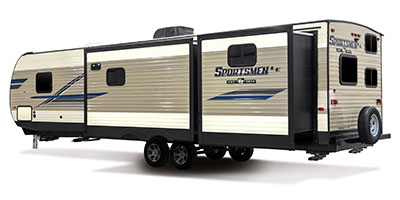 2019 KZ RV Sportsmen LE 343BHKLE Travel Trailer Exterior Rear 3-4 Off Door Side with Slide Out