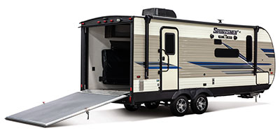 2020 KZ RV Sportsmen LE 200THLE Travel Trailer Toy Hauler Exterior Rear 3-4 Door Side with Ramp Down