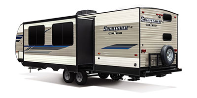 2020 KZ RV Sportsmen LE 281BHKLE Travel Trailer Exterior Rear 3-4 Off Door Side with Slide Out