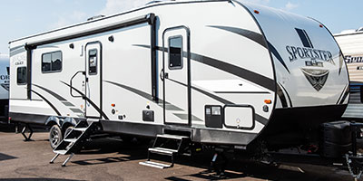 2020 KZ RV Sportster 301THR Travel Trailer Toy Hauler Exterior Front 3-4 Door Side