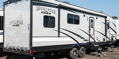 2020 KZ RV Sportster 301THR Travel Trailer Toy Hauler Exterior Rear 3-4 Door Side