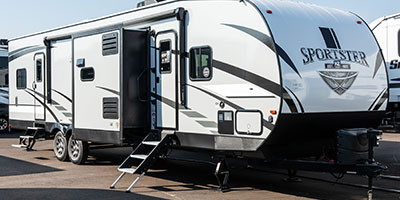 2020 KZ RV Sportster 342THR13 Travel Trailer Toy Hauler Exterior Front 3-4 Door Side