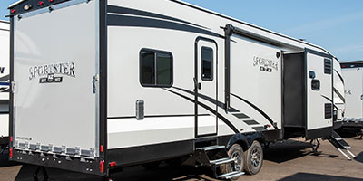 2020 KZ RV Sportster 342THR13 Travel Trailer Toy Hauler Exterior Rear 3-4 Door Side