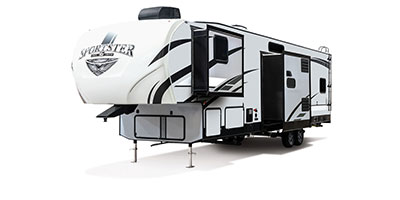 2020 KZ RV Sportster 343TH11 Fifth Wheel Toy Hauler Exterior Front 3-4 Off Door Side with Slide Out