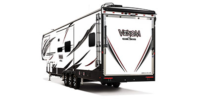 2019 KZ RV Venom 3911TK Fifth Wheel Toy Hauler Exterior Rear 3-4 Off Door Side