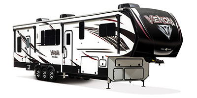 2019 KZ RV Venom 4013TK Fifth Wheel Toy Hauler Exterior Front 3-4 Door Side