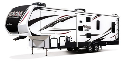 2019 KZ RV Venom V-Series V3411TK Fifth Wheel Toy Hauler Exterior Front 3-4 Off Door Side