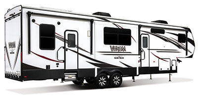2019 KZ RV Venom V-Series V3411TK Fifth Wheel Toy Hauler Exterior Rear 3-4 Door Side