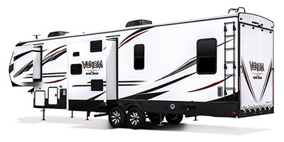 2019 KZ RV Venom V-Series V3411TK Fifth Wheel Toy Hauler Exterior Rear 3-4 Off Door Side with Slide Out