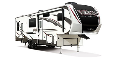 2019 KZ RV Venom V-Series V3413TK Fifth Wheel Toy Hauler Exterior Front 3-4 Door Side