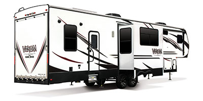 2019 KZ RV Venom V-Series V3413TK Fifth Wheel Toy Hauler Exterior Rear 3-4 Door Side with Slide Out