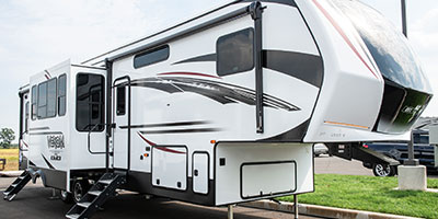 2020 KZ RV Venom V-Series V3413TK Fifth Wheel Toy Hauler Exterior Front 3-4 Door Side