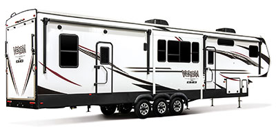 2020 KZ RV Venom V-Series V3815TK Fifth Wheel Toy Hauler Exterior Rear 3-4 Door Side