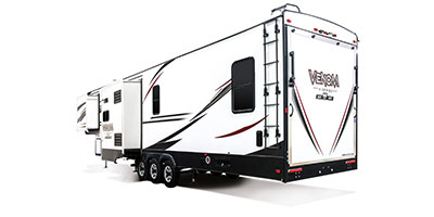 2020 KZ RV Venom V-Series V3815TK Fifth Wheel Toy Hauler Exterior Rear 3-4 Off Door Side with Slide Out