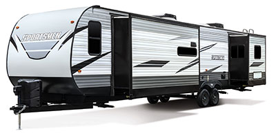 2021 KZ RV Sportsmen Destination 363FL Travel Trailer Exterior Front 3-4 Off Door Side with Slide Out