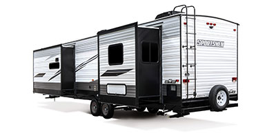 2021 KZ RV Sportsmen Destination 363FL Travel Trailer Exterior Rear 3-4 Off Door Side with Slide Out