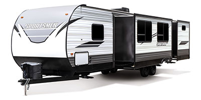 2021 KZ RV Sportsmen LE 332BHKLE Travel Trailer Exterior Front 3-4 Off Door Side with Slide Out