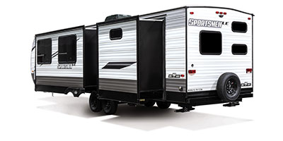 2021 KZ RV Sportsmen LE 332BHKLE Travel Trailer Exterior Rear 3-4 Off Door Side with Slide Out