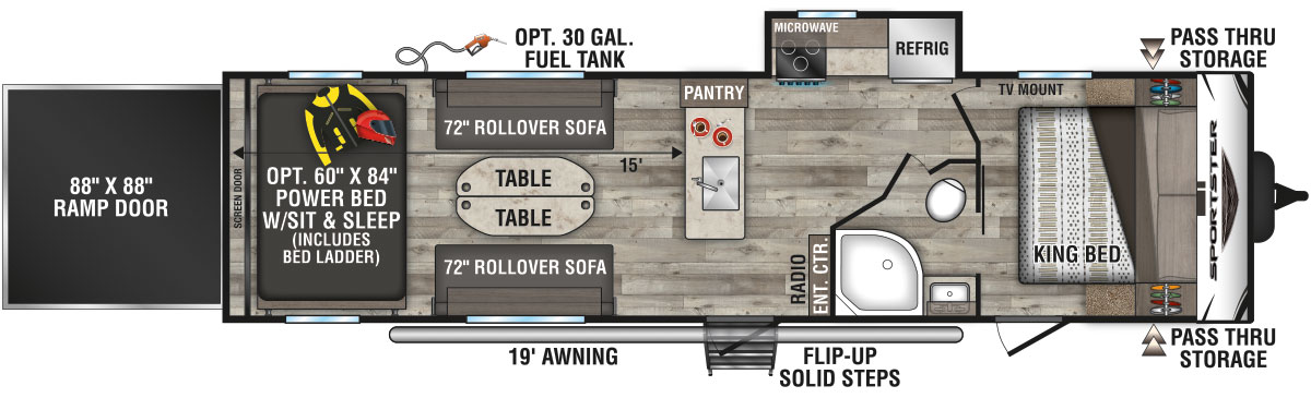 2021 KZ RV Sportster 301THR Travel Trailer Toy Hauler Floorplan
