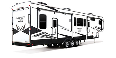 2021 KZ RV Venom V-Series V3916TK Fifth Wheel Toy Hauler Exterior Rear 3-4 Door Side