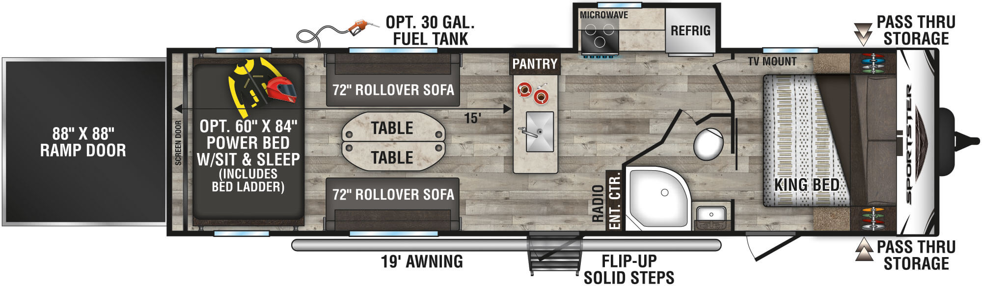 2022 KZ RV Sportster 301THR Travel Trailer Toy Hauler Floorplan