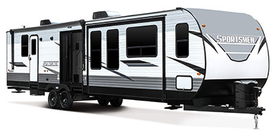 2023 KZ RV Sportsmen 363FL Destination Travel Trailer Exterior Front 3-4 Door Side