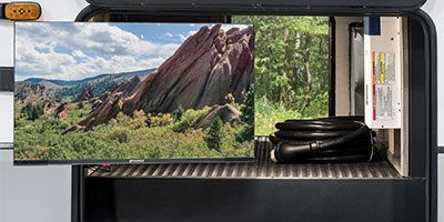 2023 KZ RV Venom V-Series V3313TK Fifth Wheel Toy Hauler Exterior Pass Through Storage with TV
