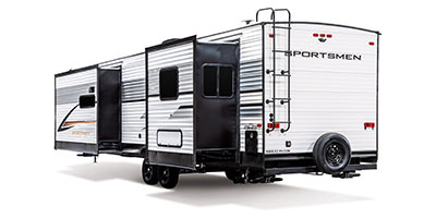 2024 KZ RV Sportsmen 363FL Destination Travel Trailer Exterior Rear 3-4 Off Door Side with Slides Out