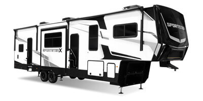 2025 KZ RV Sportster X 3411X Fifth Wheel Toy Hauler Exterior Front 3-4 Door Side