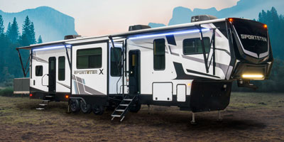 2025 KZ RV Sportster X 3915X Fifth Wheel Toy Hauler Exterior at Campsite