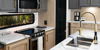 2026 KZ RV Ridgeway 31RL Fifth Wheel Kitchen Cooktop, Oven, Microwave, Refrigerator and Sink