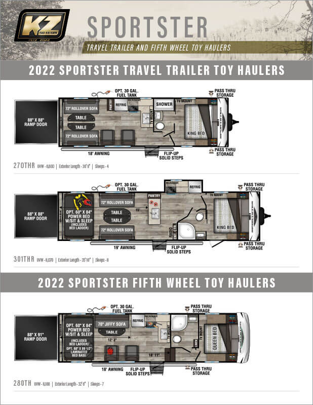2022 KZ RV Sportster Travel Trailer and Fifth Wheel Toy Haulers Flyer