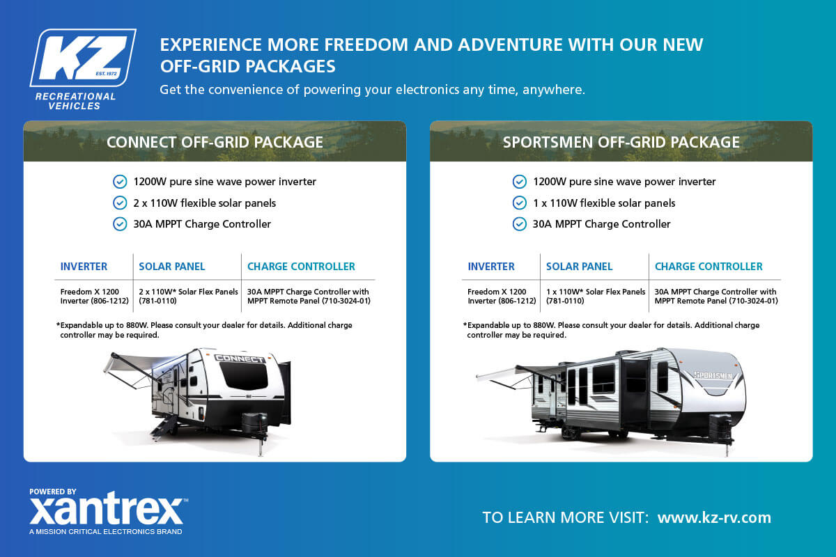 KZ RV Connect and Sportsmen Xantrex Off the Grid Solar Packages Flyer