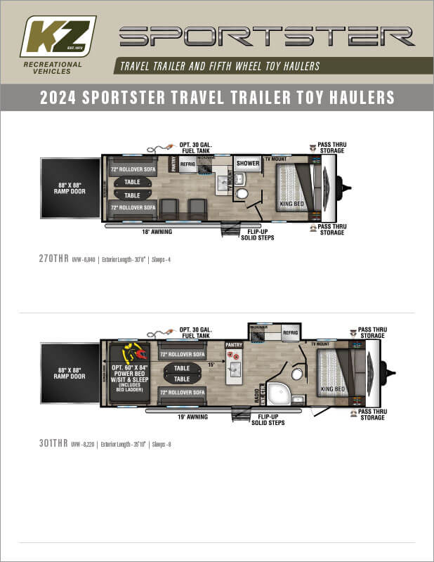 2024 KZ RV Sportster Travel Trailer and Fifth Wheel Toy Haulers Floorplan Flyer