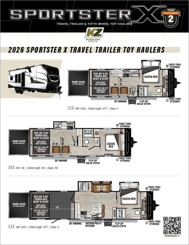 2026 KZ RV Sportster X Travel Trailer and Fifth Wheel Toy Haulers Flyer