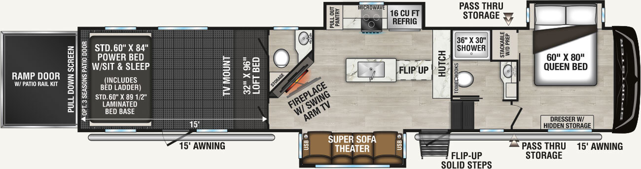 2026 KZ RV Sportster X 3915X Fifth Wheel Toy Hauler Floorplan