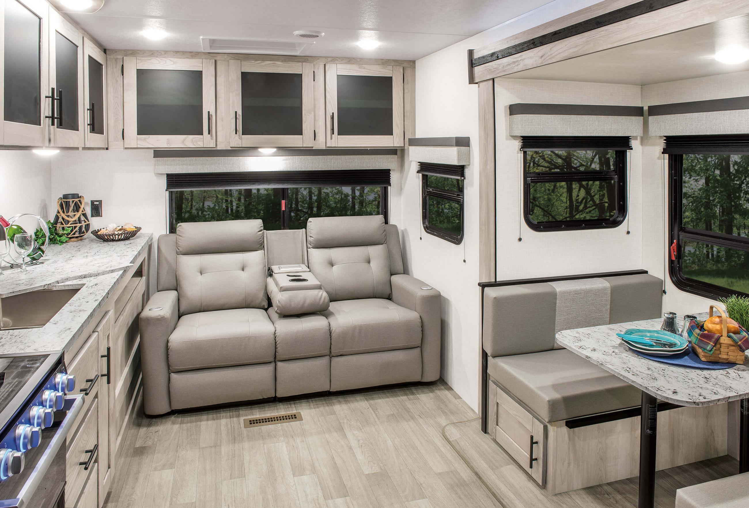 small travel trailers with sofa and dinette