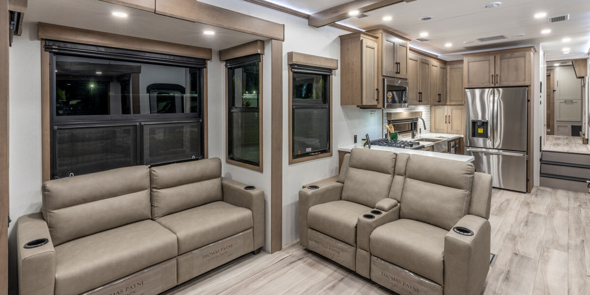 2026 KZ RV Durango Gold G393MKF Fifth Wheel Living Room Sofa and Theater Seats