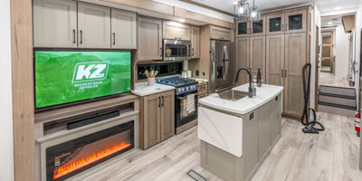 2026 KZ RV Durango Gold G366FBQ Fifth Wheel Entertainment Center and Kitchen