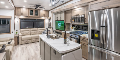 2026 KZ RV Durango Gold G366FBQ Fifth Wheel Kitchen Island and Living Room