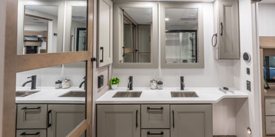 2026 KZ RV Durango Gold G366FBQ Fifth Wheel Master Bathroom Dual Vanity