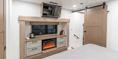 2026 KZ RV Durango Gold G366FBQ Fifth Wheel Master Bedroom Entertainment, Fireplace and TV Slide