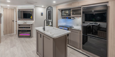 2026 KZ RV Sportsmen SE 344BHKSE Travel Trailer Kitchen Refrigerator and Entertainment Center